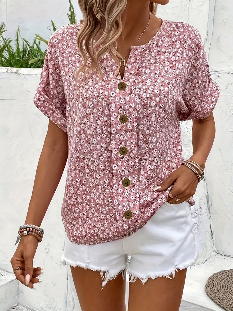 Women floral button-up blouse loose fit short sleeve casual top