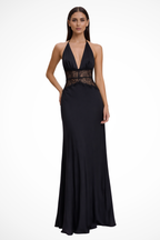 Women's halter neck backless maxi dress with lace waist detail, wedding guest formal dress