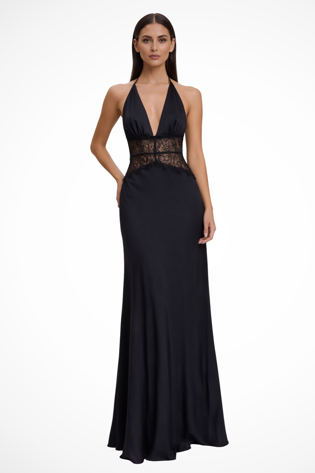 Women's halter neck backless maxi dress with lace waist detail, wedding guest formal dress