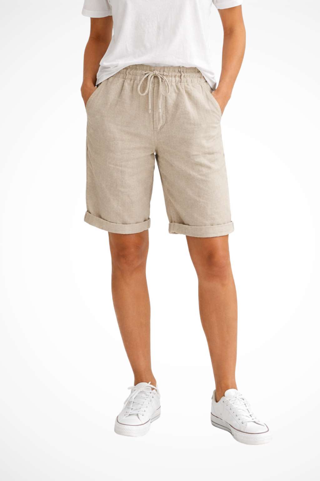 Women's linen capri pants relaxed fit with elastic drawstring waist, everyday casual wear