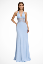 Women's halter neck backless maxi dress with lace waist detail, wedding guest formal dress