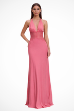 Women's halter neck backless maxi dress with lace waist detail, wedding guest formal dress