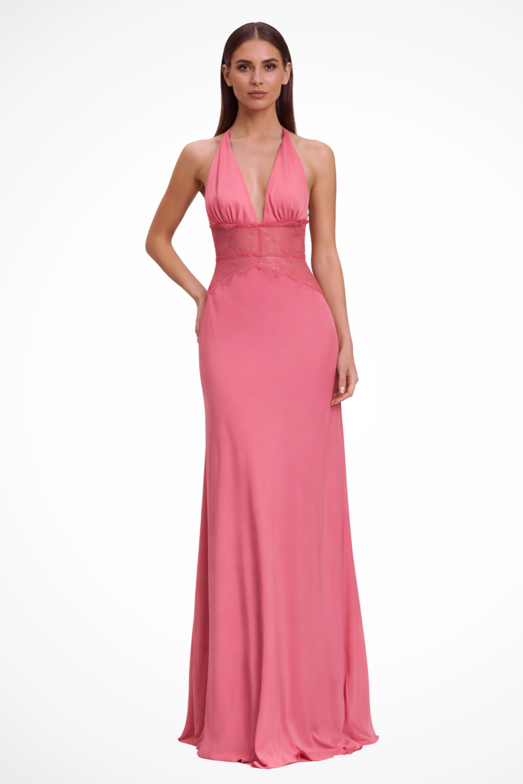 Women's halter neck backless maxi dress with lace waist detail, wedding guest formal dress