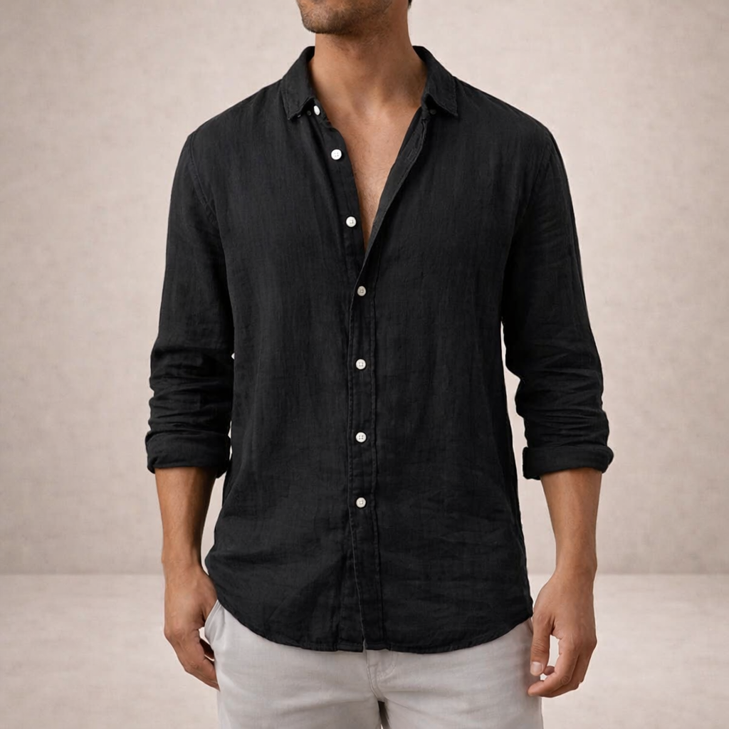 Men's linen shirt casual breathable long sleeve open collar