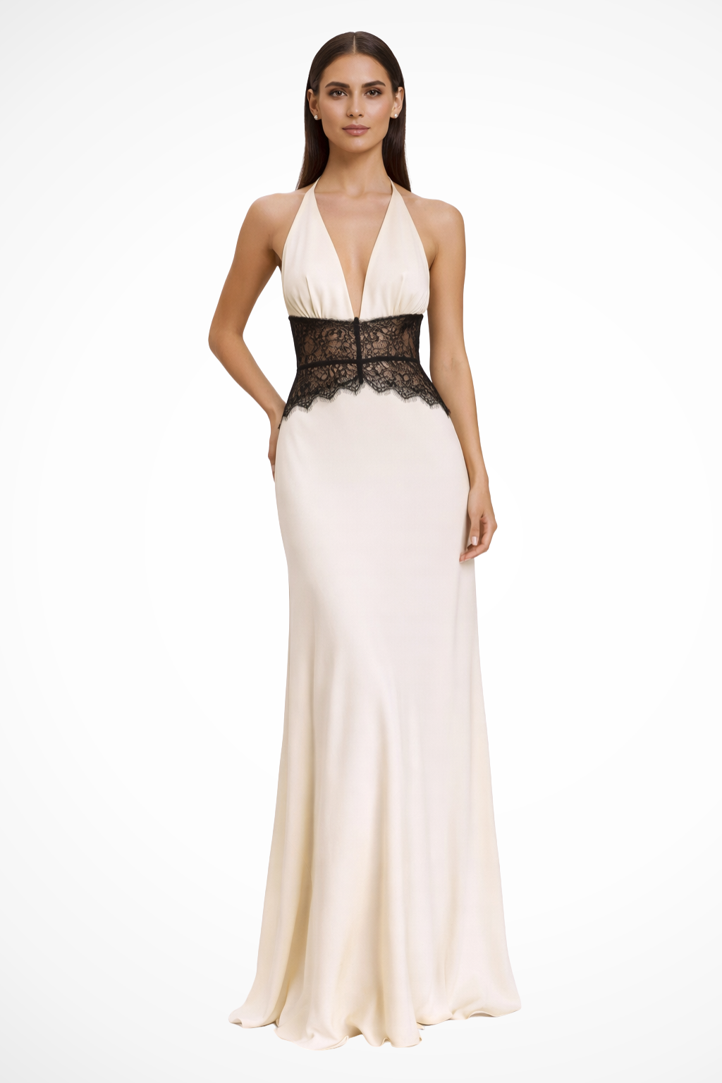Women's halter neck backless maxi dress with lace waist detail, wedding guest formal dress