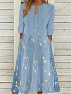 Women's two piece midi dress with flowy skirt, flattering relaxed fit
