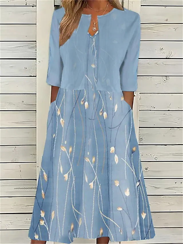 Women's two piece midi dress with flowy skirt, flattering relaxed fit