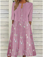 Women's two piece midi dress with flowy skirt, flattering relaxed fit