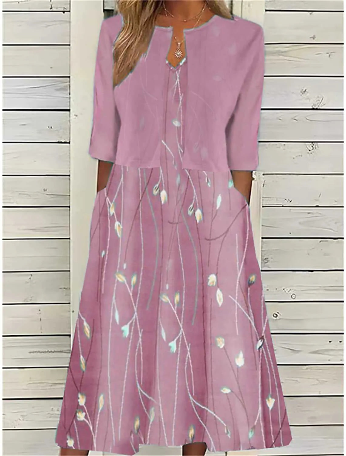 Women's two piece midi dress with flowy skirt, flattering relaxed fit
