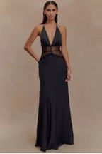 Women's halter neck backless maxi dress with lace waist detail, wedding guest formal dress