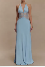 Women's halter neck backless maxi dress with lace waist detail, wedding guest formal dress
