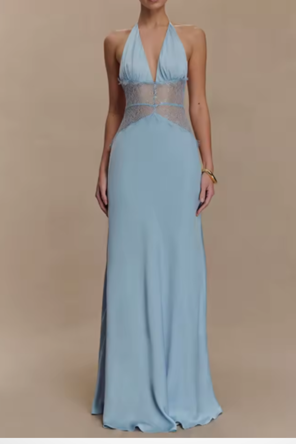 Women's halter neck backless maxi dress with lace waist detail, wedding guest formal dress