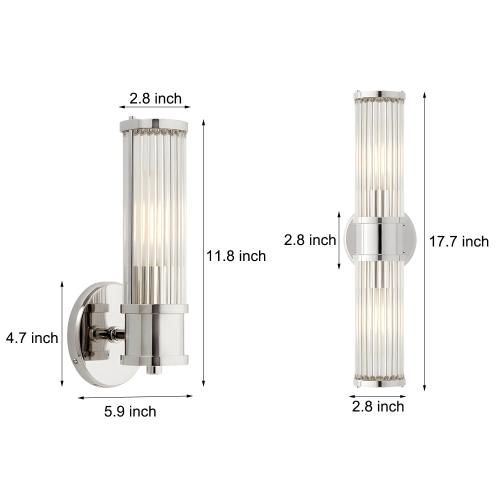 Modern wall lamp with cylindrical ribbed clear glass shade in chrome or gold finish