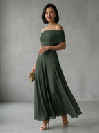 Women off shoulder draped midi dress with sheer overlay and flowing skirt