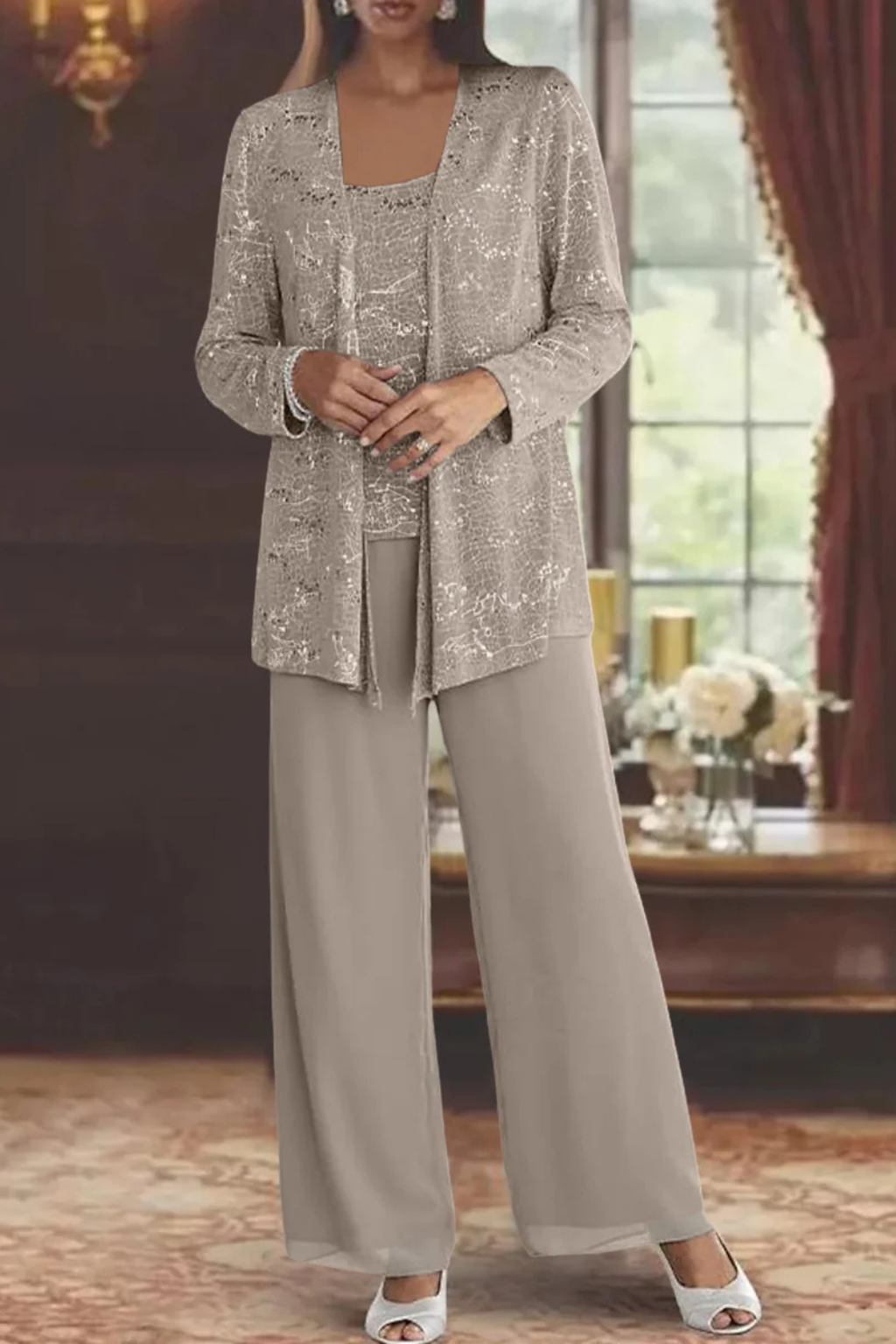 Women's evening three-piece set with wide-leg trousers and open-front jacket, XS–2XL