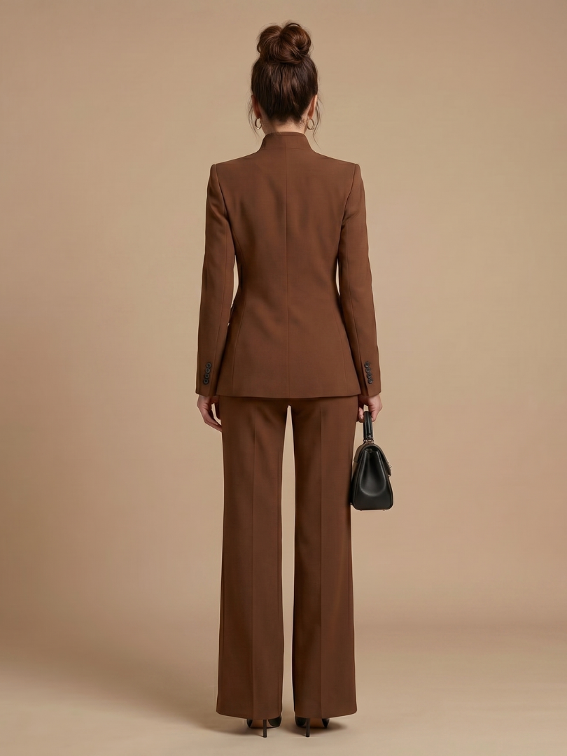Women 2 Piece Suit stand collar tailored jacket with flared trousers
