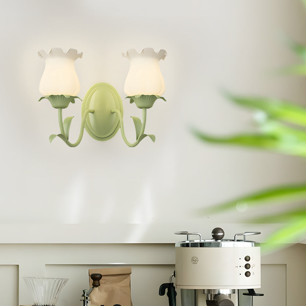 Green floral glass wall lamp, 3-step dimmable, 1 or 2-light indoor fixture