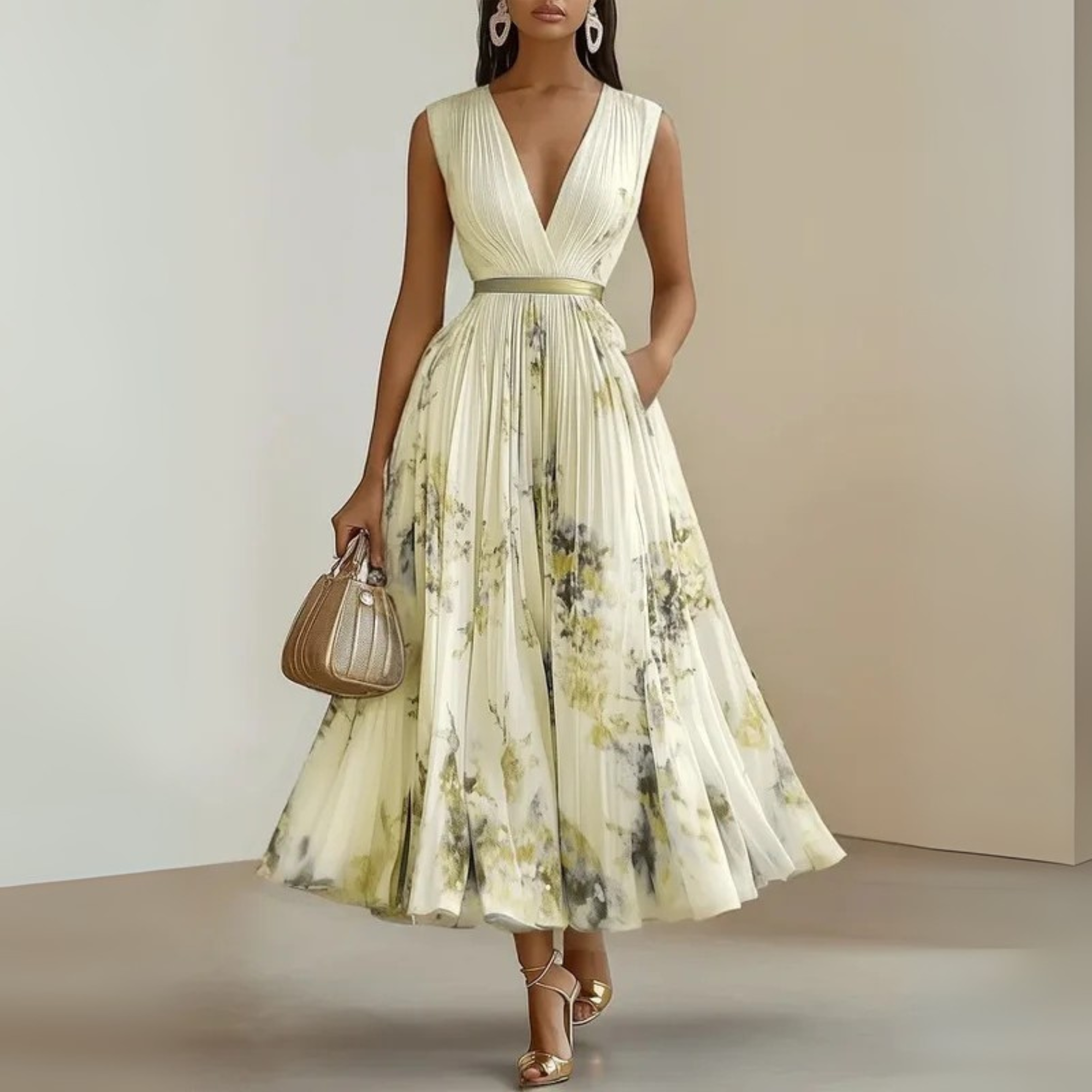 Women flowy pleated midi dress in beige, lightweight casual summer style