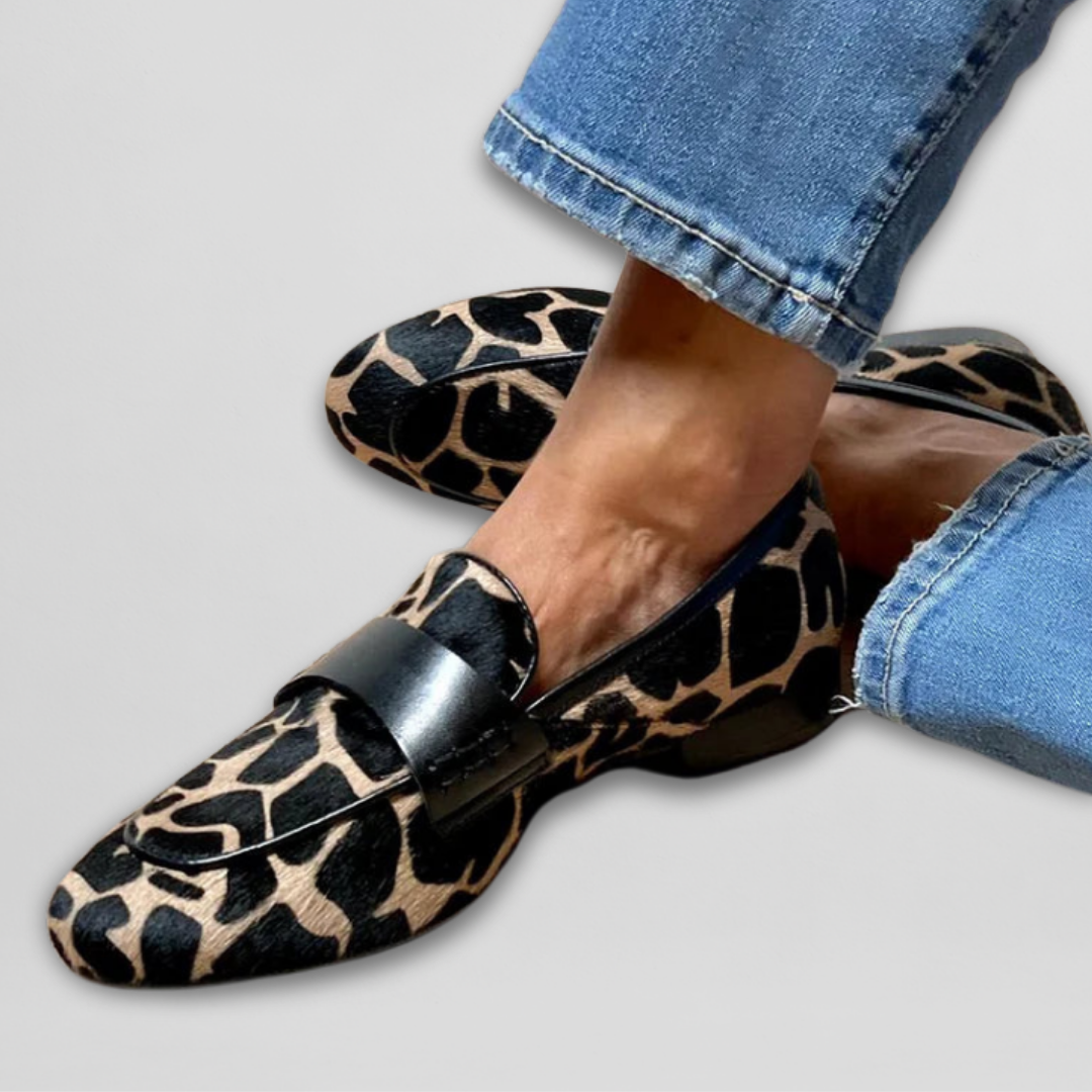 Women's black animal print loafers slip-on, flexible sole, EU 34-43