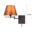 Swing arm wall lamp plug-in with linen shade and black iron frame, 1-light