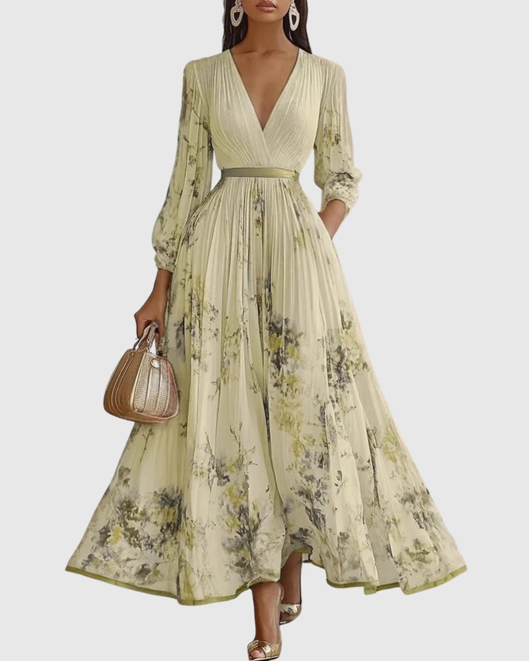 Pleated maxi dress V-neck long sleeve with ribbon-tie waist and floral pattern