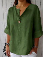 Women's lightweight V-neck blouse loose fit summer top with button detail