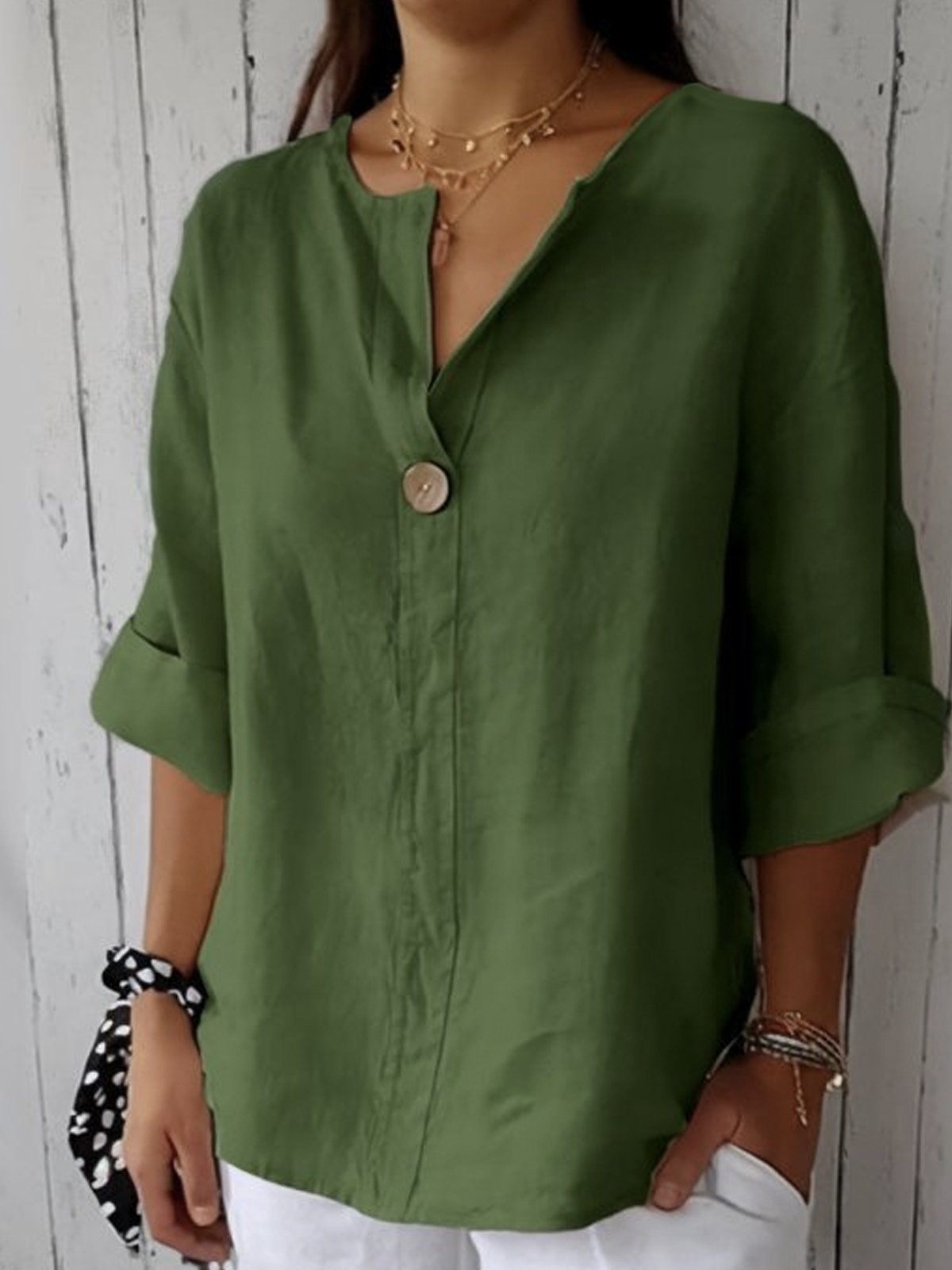 Women's lightweight V-neck blouse loose fit summer top with button detail
