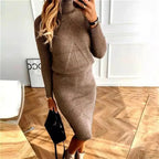 Women 2 piece knit turtleneck sweater and slim skirt set in multiple colors