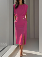 Women's structured midi dress with round neckline and button slit detail
