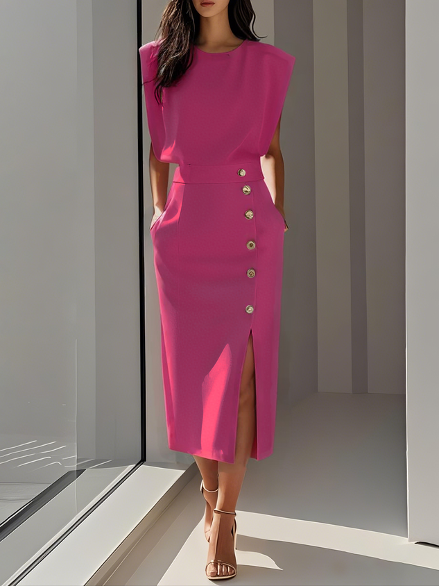 Women's structured midi dress with round neckline and button slit detail