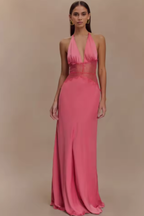 Women's halter neck backless maxi dress with lace waist detail, wedding guest formal dress