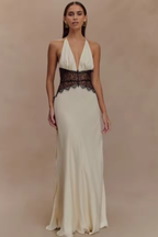 Women's halter neck backless maxi dress with lace waist detail, wedding guest formal dress