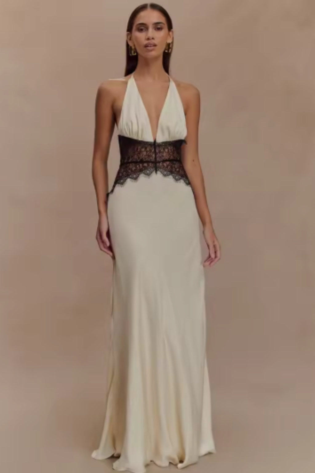 Women's halter neck backless maxi dress with lace waist detail, wedding guest formal dress