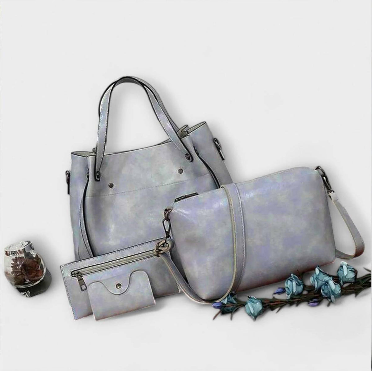 Women 4 piece vintage bag set in brown black red and gray