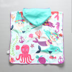 Kids beach poncho hooded blue maritime design with mermaids and whales, quick-dry