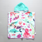 Kids beach poncho hooded blue maritime design with mermaids and whales, quick-dry