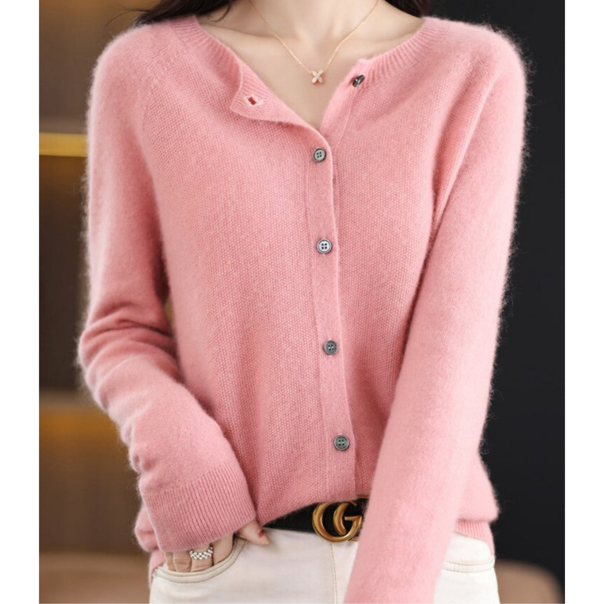 Women's merino wool sweater round neck with button placket slim fit