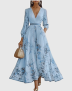 Pleated maxi dress V-neck long sleeve with ribbon-tie waist and floral pattern