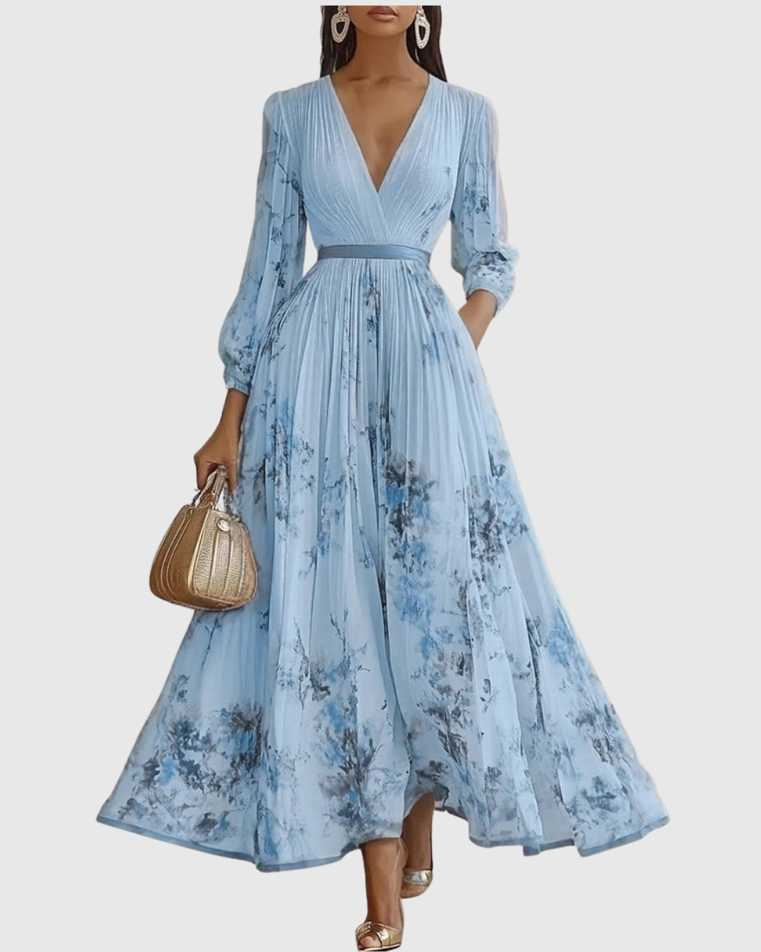 Pleated maxi dress V-neck long sleeve with ribbon-tie waist and floral pattern
