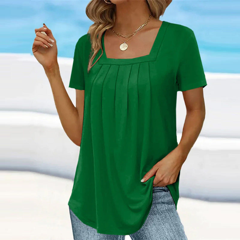 Women's blouse square neck short sleeve with pleated detail, lightweight summer top