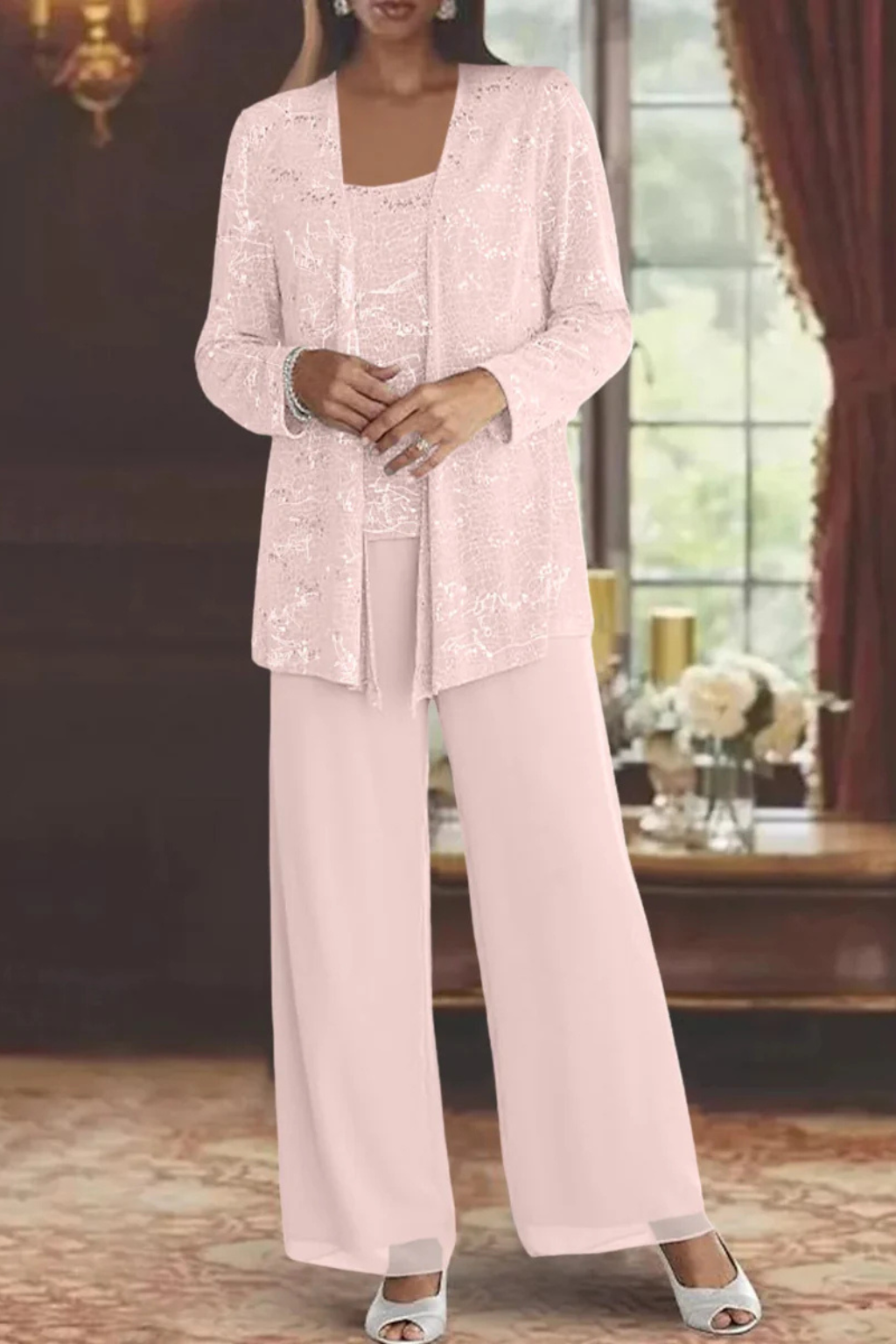 Women's evening three-piece set with wide-leg trousers and open-front jacket, XS–2XL