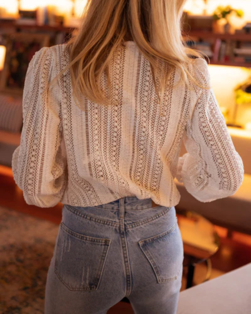 Women crochet blouse V neck long puff sleeves bohemian style