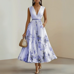 Women flowy pleated midi dress in beige, lightweight casual summer style