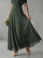 Women off shoulder draped midi dress with sheer overlay and flowing skirt