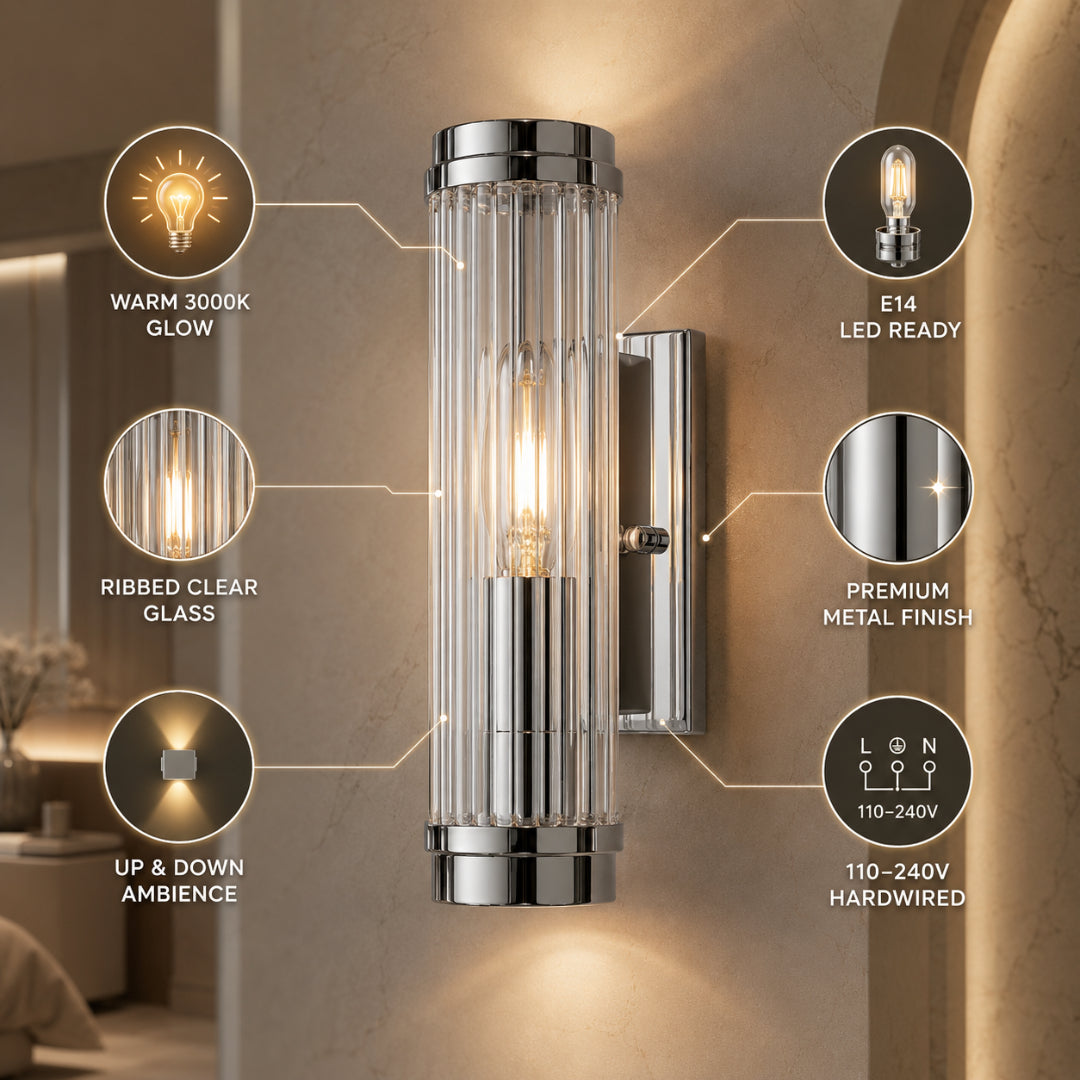 Modern wall lamp with cylindrical ribbed clear glass shade in chrome or gold finish
