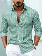 Men long sleeve striped shirt vintage wash relaxed regular fit