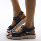 Women adjustable strap sandals in black blue and beige flat casual