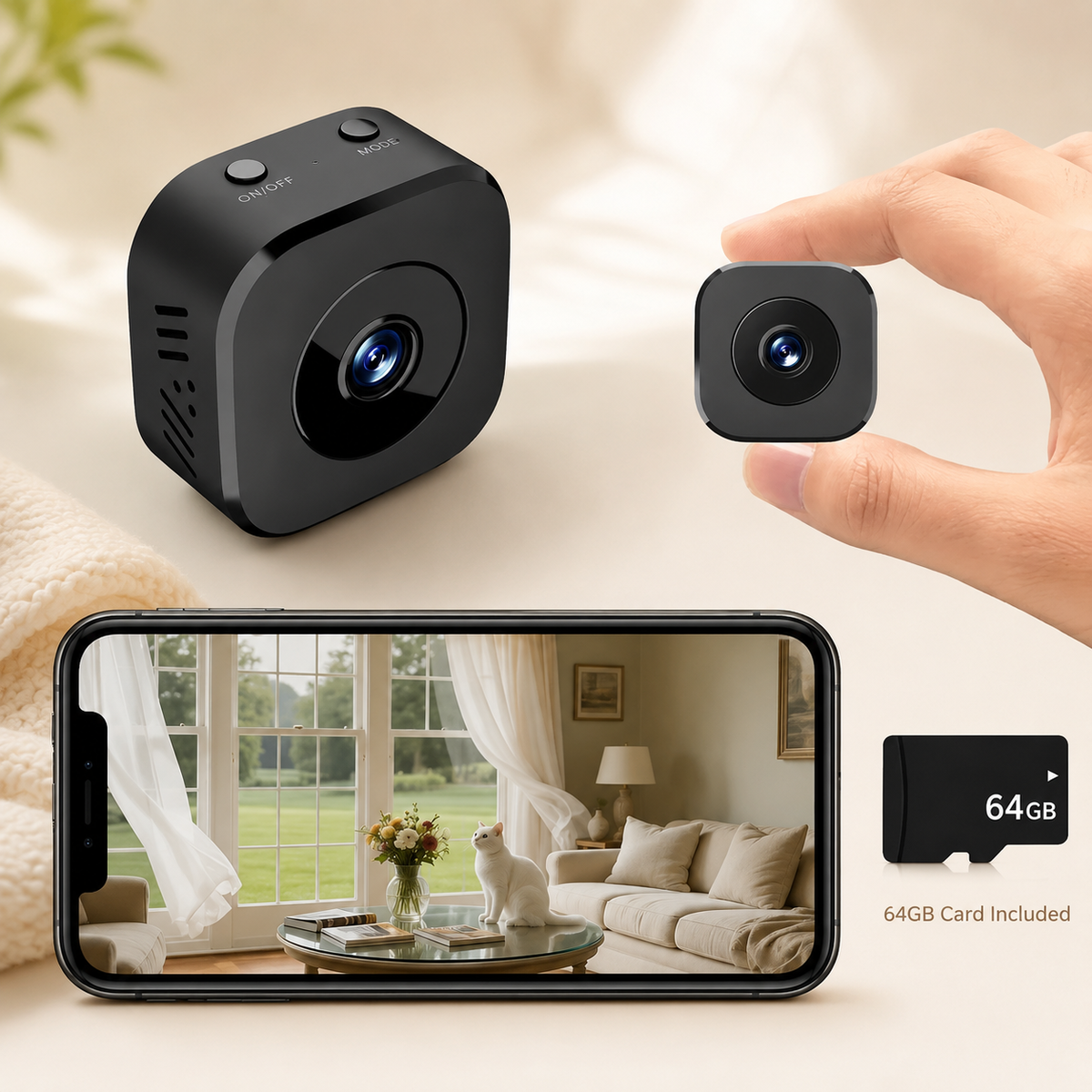 1080P wireless security camera with night vision and magnetic mount, compact indoor design