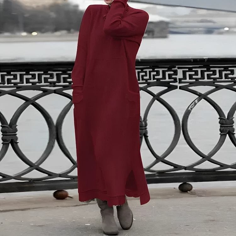 Women's winter knit midi dress with pockets and side slit, available in multiple colours