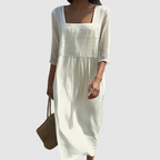 Women's casual linen dress with square neckline and mid-length sleeves, breathable summer style